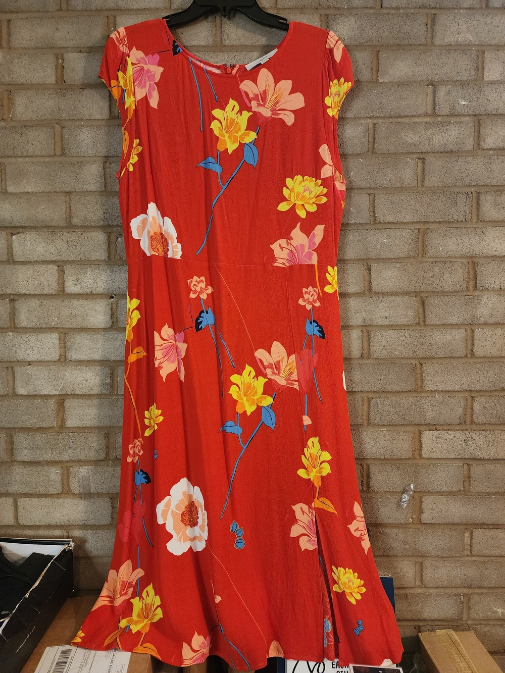 The Loft Tomato Red Floral Cap-Sleeve A-Line Dress